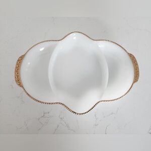Vintage Anchor Hocking FireKing White Milk Glass Relish Dish 22K Gold Beaded Rim